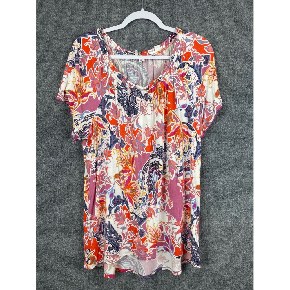 Festive Blouse Women's Large Pink‎ Orange Paisley Floral Excellent Short Sleeve